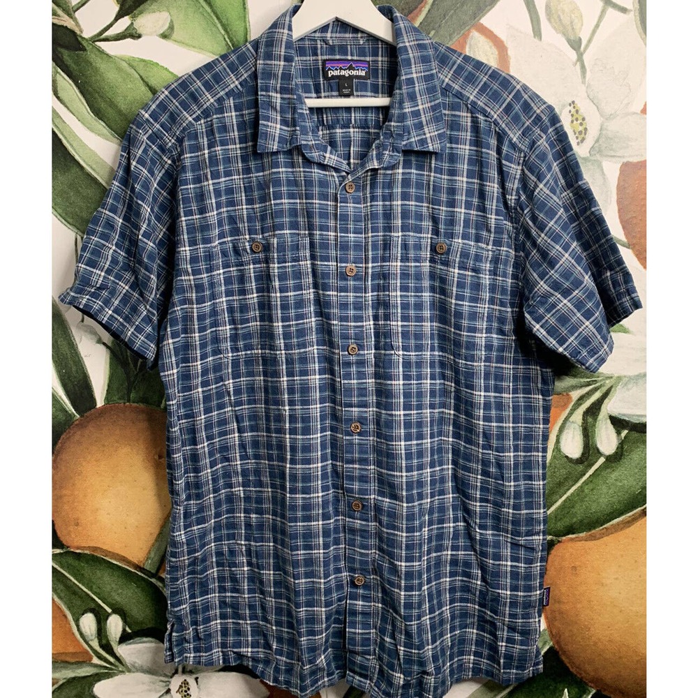 Patagonia Blue Plaid Casual Button Down Hemp Shirt